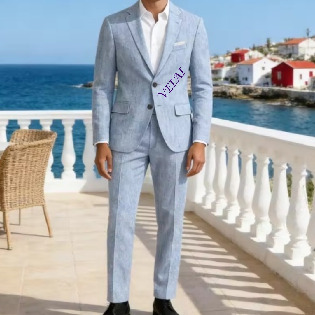 Men'S Formal Beach Wear - Setelan Jas 2PCS Linen Biru Langit
