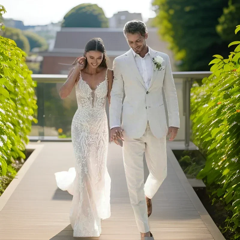 Men Formal Wear Modern - Linen tuksedo pernikahan pria, pakaian pantai