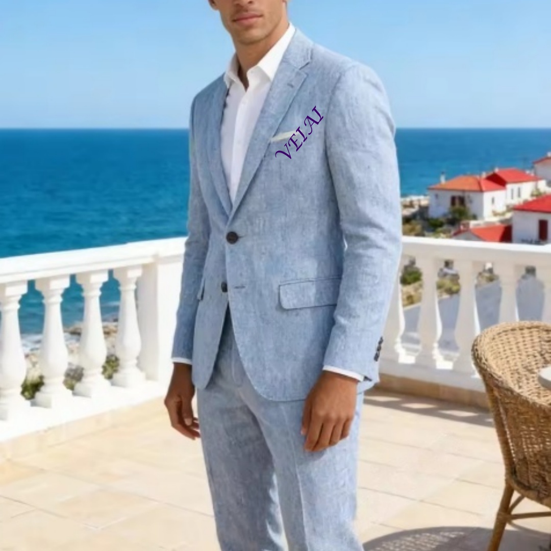 Setelan Jas 2PCS Linen Biru La - Men'S Formal Beach Wear ulasan dan harga