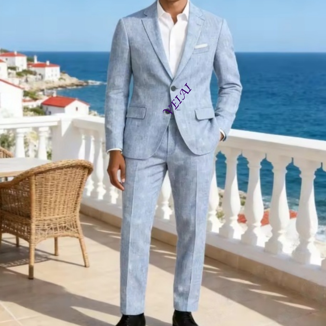 Setelan Jas 2PCS Linen Biru La - Men'S Formal Beach Wear ulasan dan harga